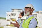 Black man, architect and phone for construction in the city or building, conversation and discussion. African American male engineer or contractor with smile talking on smartphone in architecture