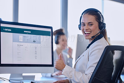 Buy stock photo Call center portrait, woman thumbs up and consultant or agent with customer support success, good service or thank you. Telecom person or ecommerce advisor like, yes or winning emoji hand on computer