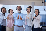 Portrait, call center and team with thumbs up, achievement and success with target, goals or client service. Face, staff or leader with gesture for solidarity, tech support or telemarketing in office