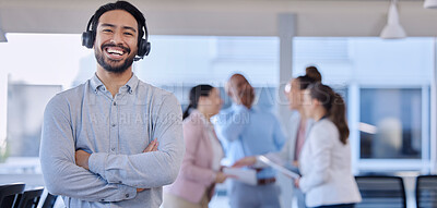 Buy stock photo Call center, smile and portrait of customer service agent with headset, mockup and happy face in support office. Smiling business man, help desk consultant with care and confidence at crm agency job.