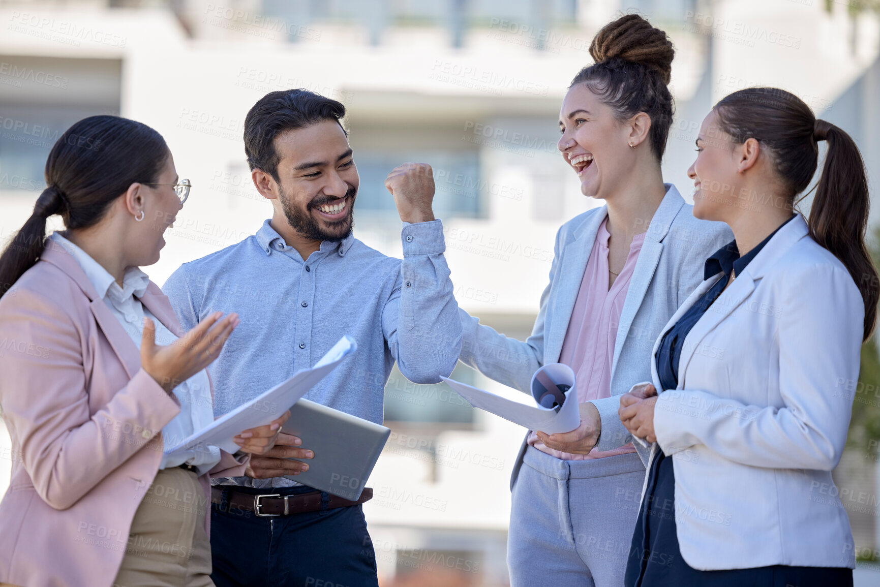 Buy stock photo Winning, fist pump and business people celebration, teamwork or collaboration success in winner group. Excited corporate and funny employees or professional team power, yes and project planning goals