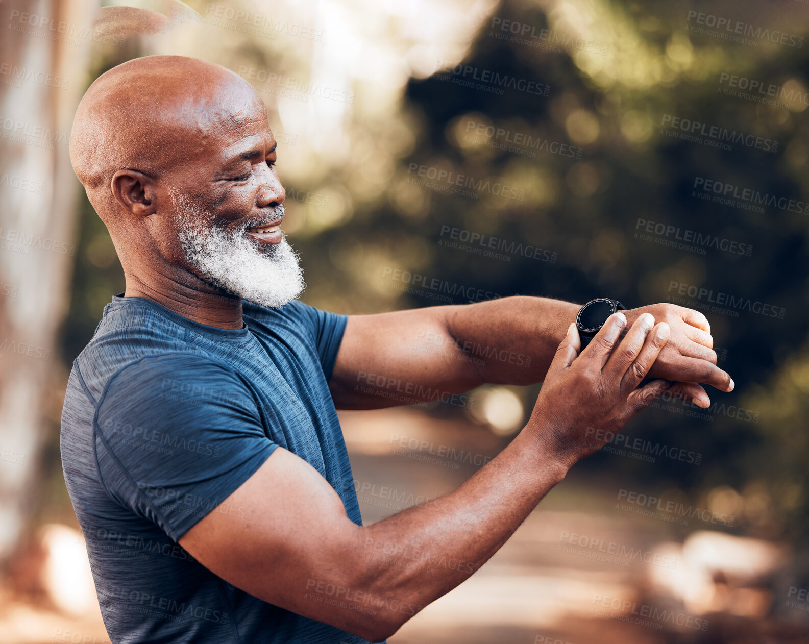 Buy stock photo Smart watch, senior man and fitness with exercise and mockup screen to check time performance. Hands of black person with smartwatch health app for heart, steps and clock or workout progress outdoor 