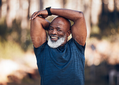 Buy stock photo Senior man, stretching and fitness portrait outdoor in nature forest for exercise and healthy lifestyle. Black person smile for workout, training and muscle warm up for cardio health and wellness