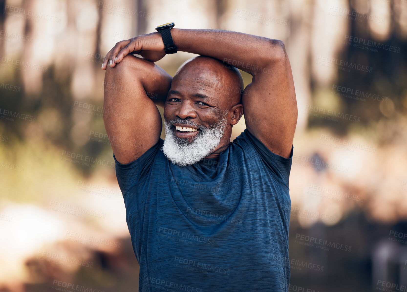 Buy stock photo Senior man, stretching and fitness portrait outdoor in nature forest for exercise and healthy lifestyle. Black person smile for workout, training and muscle warm up for cardio health and wellness