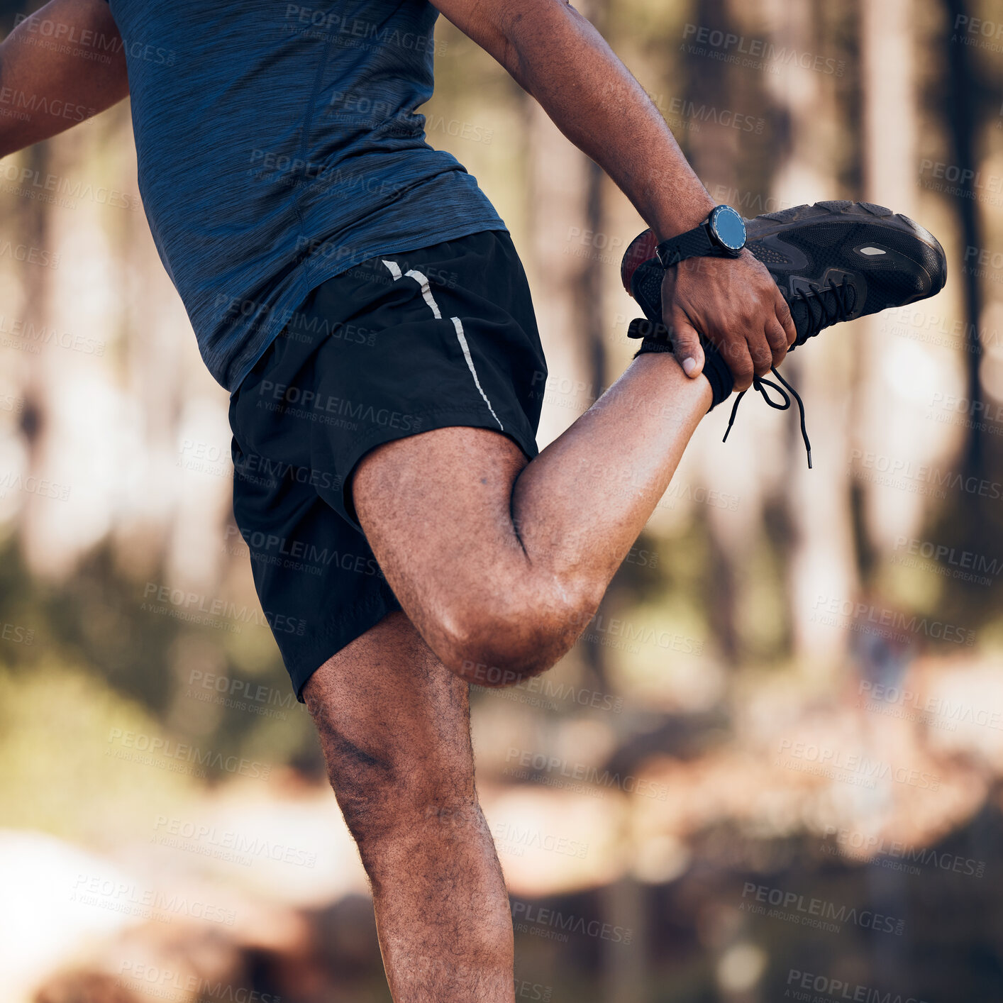 Buy stock photo Black man, stretching legs and exercise outdoor in nature forest for fitness and healthy lifestyle. Sports person doing workout, training and muscle warm up for cardio body health and wellness