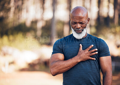 Buy stock photo Black man, heart attack and health for outdoor exercise, park and running workout. Senior sports male, chest and stroke for fitness emergency, asthma and muscle pain from cardiac injury, risk or body