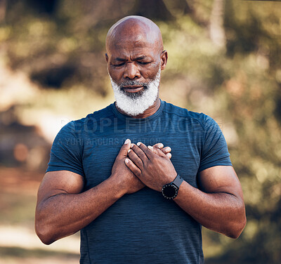 Buy stock photo Black man, pain and heart attack from outdoor exercise, running workout or health. Senior sports male, chest and stroke of fitness emergency, asthma and risk of cardiac arrest, body injury or problem