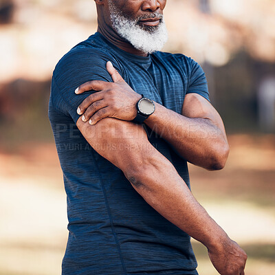 Buy stock photo Senior black man, shoulder pain or injury in nature after accident, workout or training. Sports, health or elderly male athlete with fibromyalgia, inflammation or tendinitis, arthritis or painful arm