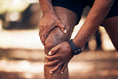 Buy stock photo Knee pain, senior hands and injury in nature after accident, workout or training. Sports, athlete health and elderly black man with fibromyalgia, inflammation or tendinitis, arthritis or painful legs