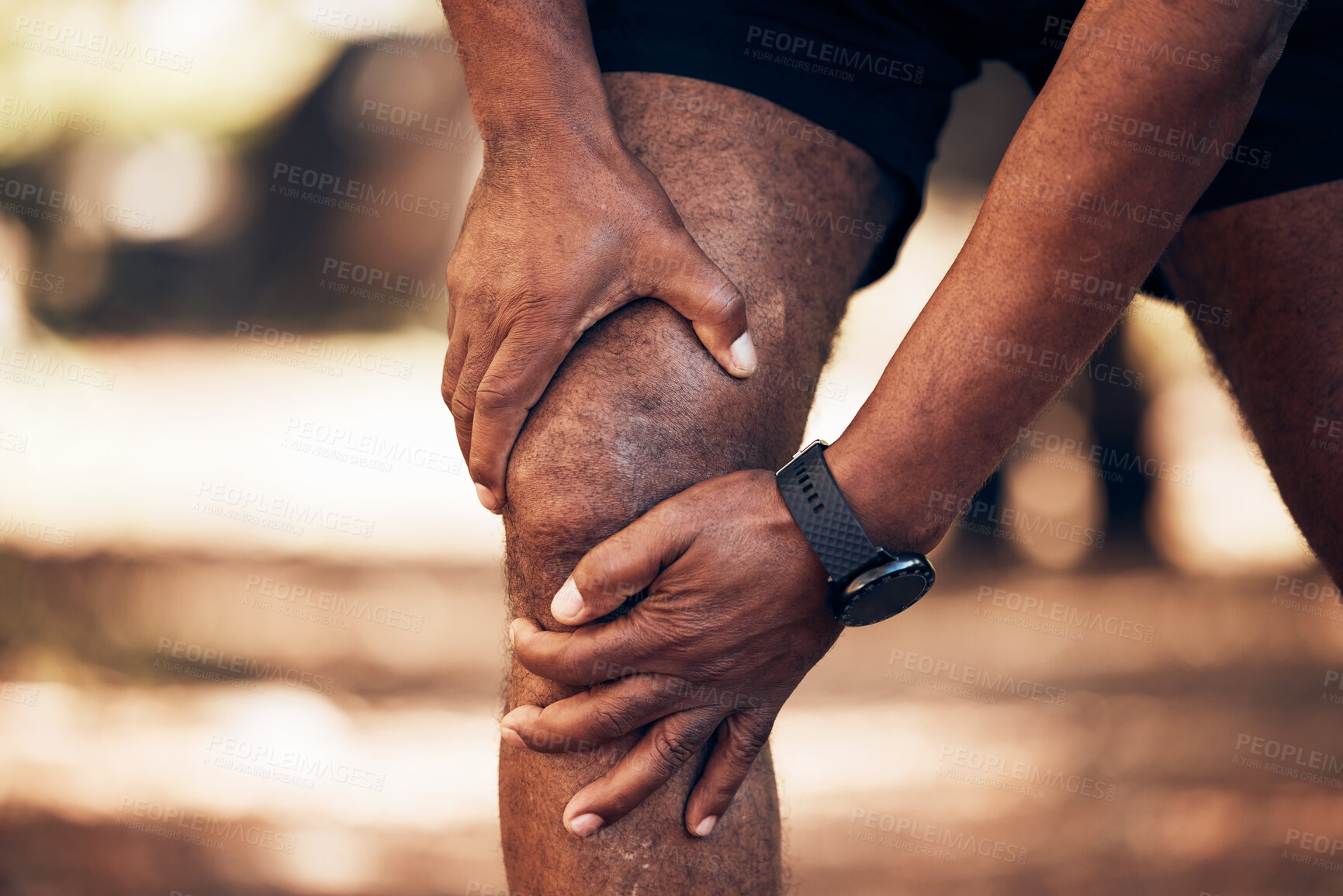 Buy stock photo Knee pain, senior hands and injury in nature after accident, workout or training. Sports, athlete health and elderly black man with fibromyalgia, inflammation or tendinitis, arthritis or painful legs