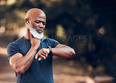 Buy stock photo Black man, exercise and smartwatch to check heart rate and listening to music and running outdoor. Senior person with watch in nature forest for workout, fitness and training for health and wellness