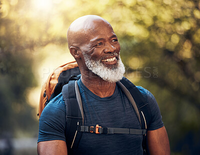 Buy stock photo Fitness, hiking and happy with black man in forest for freedom, health and sports training. Exercise, peace and wellness with senior hiker trekking in nature for travel, summer break and adventure