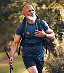 Fitness, hiking and serious with black man in forest for freedom, health and sports training. Exercise, peace and wellness with senior hiker trekking in nature for travel, summer break and adventure