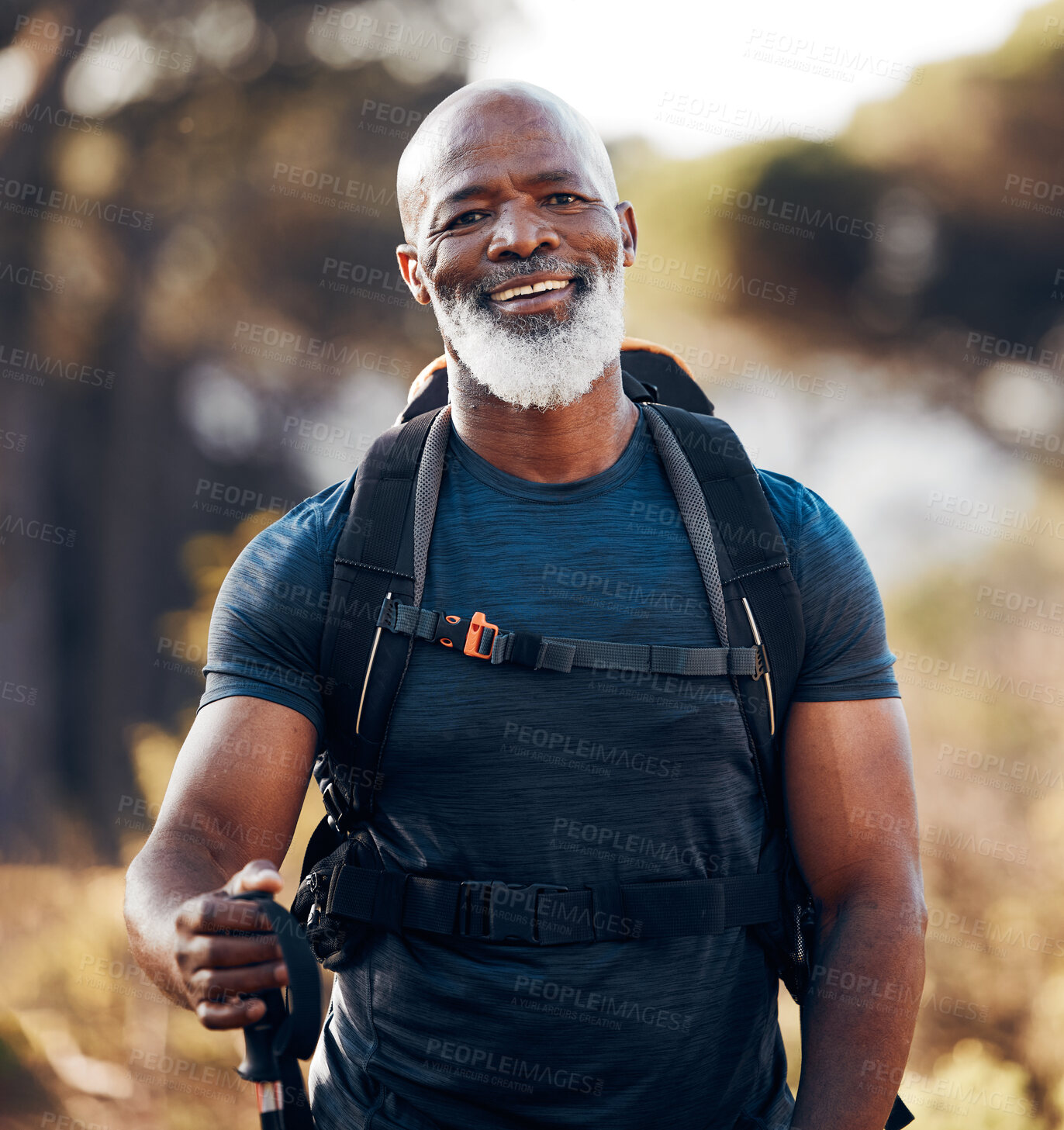 Buy stock photo Fitness, hiking and portrait of black man in forest for freedom, health and sports training. Exercise, peace and wellness with senior hiker trekking in nature for travel, summer break and adventure