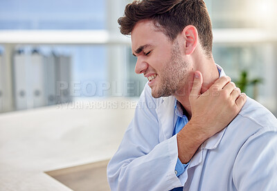 Buy stock photo Tired man doctor with neck pain in office overworked, burnout or stress for healthcare or hospital depression. Medical professional worker, frustrated person or angry nurse for muscle injury at desk