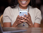 Black hands, closeup and cellphone for social media, search internet and connection for typing. Zoom, African American female and girl with happiness, smartphone and website for information and news