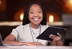 Black woman, tablet and portrait smile in remote work by laptop for business schedule planning at cafe. Happy African female freelancer holding touchscreen by computer smiling for project plan idea