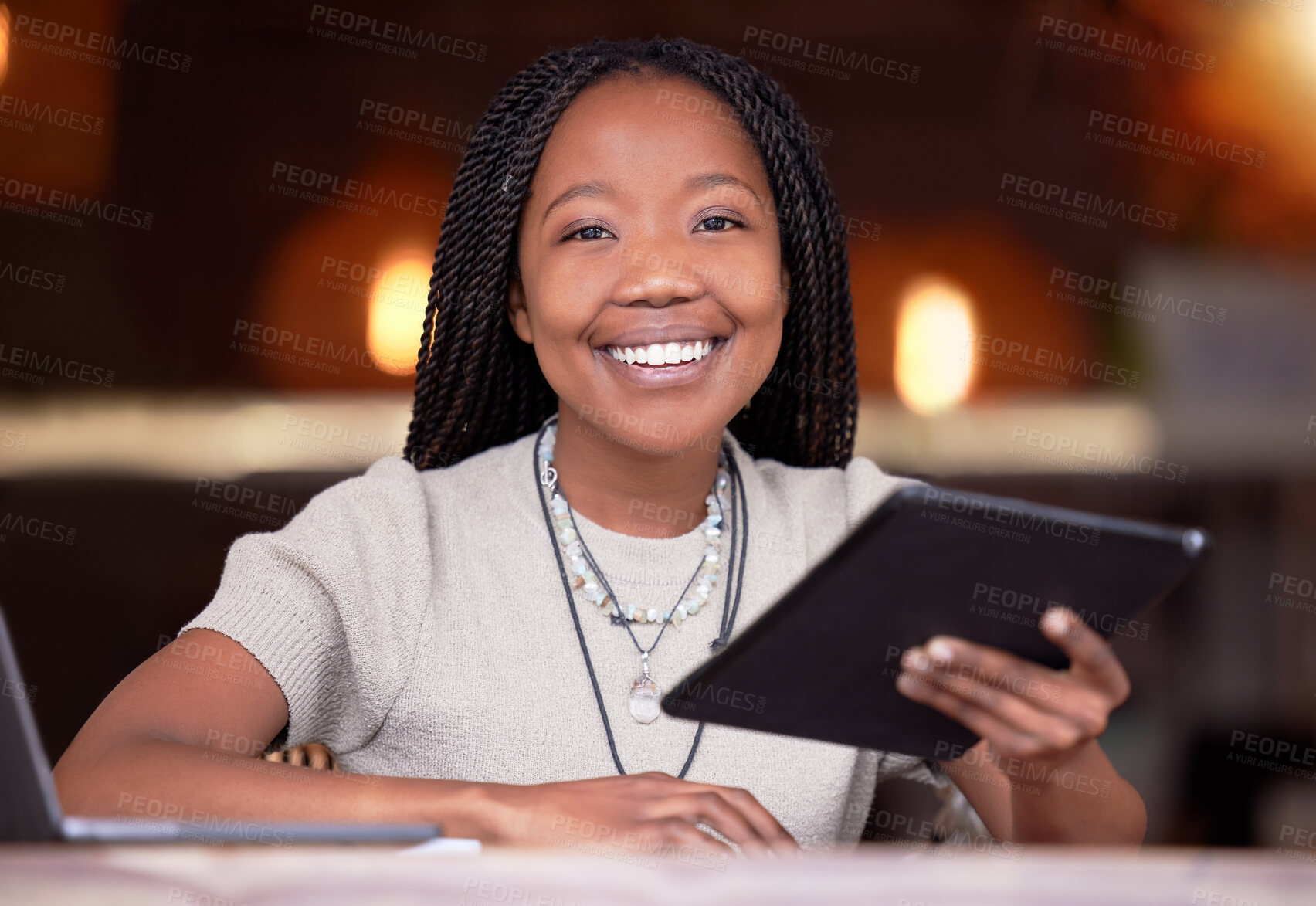 Buy stock photo Black woman, tablet and portrait smile in remote work by laptop for business schedule planning at cafe. Happy African female freelancer holding touchscreen by computer smiling for project plan idea