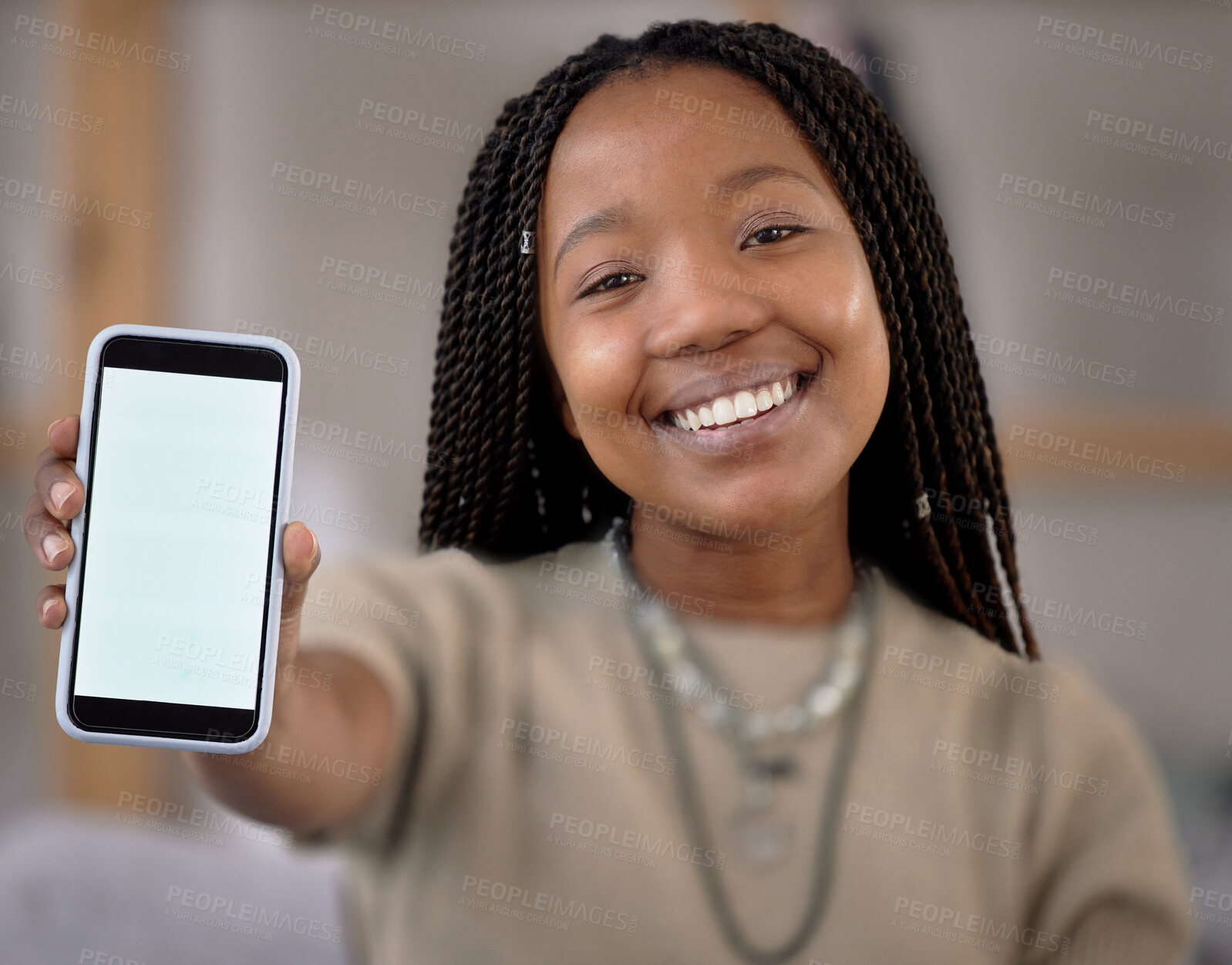 Buy stock photo Portrait, phone screen and mockup smile with black woman in home for marketing, advertising or promotion. Face branding, hands and happy female with smartphone for copy space or product placement.