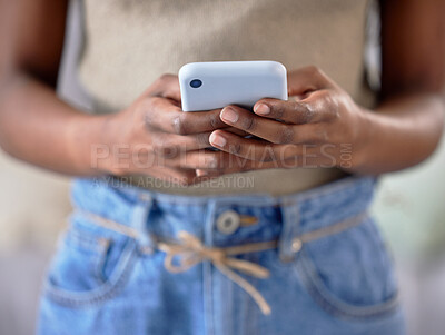Buy stock photo Black woman, hands and phone for social media, texting or chatting in communication or networking. Hand of African American female typing on mobile smartphone for chat, online post or browsing app