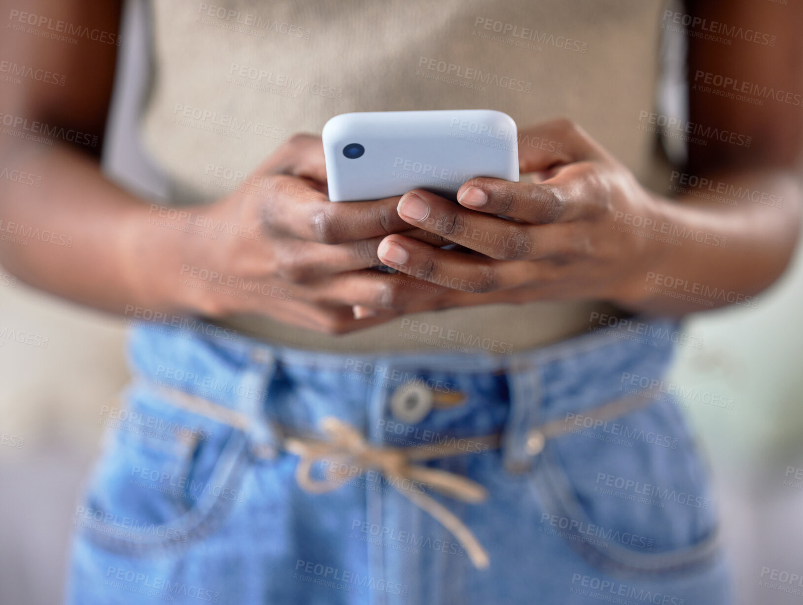 Buy stock photo Black woman, hands and phone for social media, texting or chatting in communication or networking. Hand of African American female typing on mobile smartphone for chat, online post or browsing app