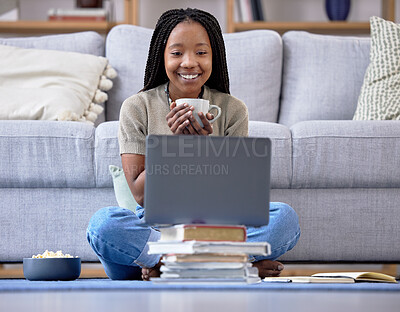 Buy stock photo Coffee, student and laptop for girl in living room, happy and relax while streaming in her home. Tea, books and break in distance learning, remote or homeschool for teenage female with online class