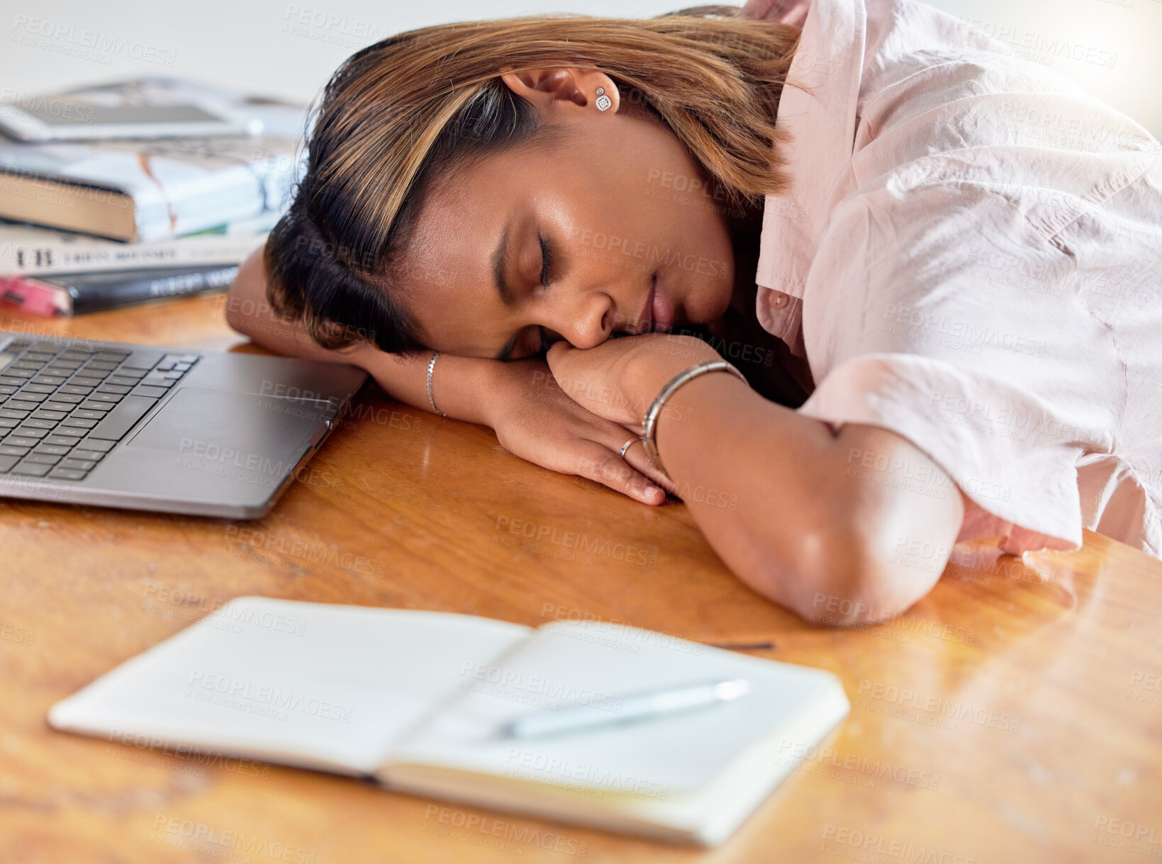 Buy stock photo Employee, sleeping and business woman burnout, tired and fatigue while working on laptop in office. Sleep, girl and corporate person or workaholic struggling with workload, problem and pressure