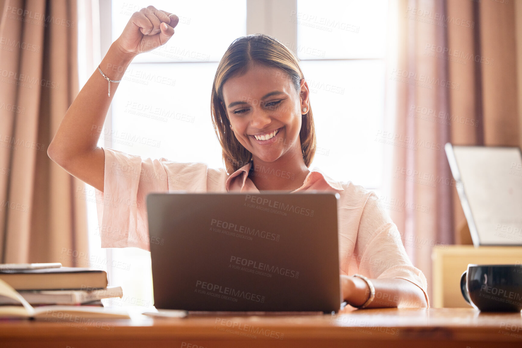 Buy stock photo Laptop, student and success celebration of woman in home after achievement, studying goals or targets. Scholarship winner, learning and smile of happy female after good news or education victory.