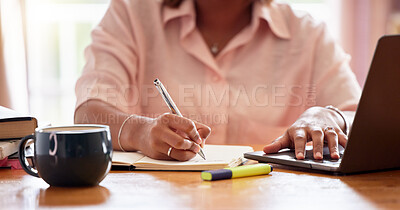 Buy stock photo Writing, planning and woman hands on laptop for online course, remote university education and research. Young person or gen z student on computer and notebook for creative notes, ideas and elearning