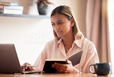 Buy stock photo Laptop, student and woman with book for online learning, studying or research in home. Scholarship, distance education or female with computer and notebook for knowledge, information or virtual class