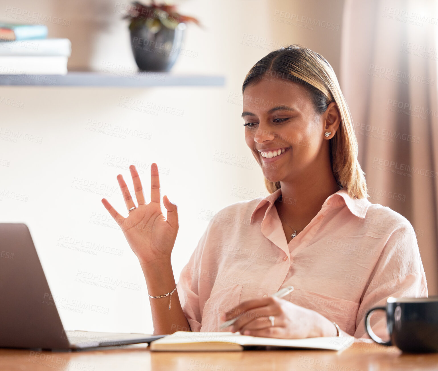 Buy stock photo Laptop, student and woman wave in video call for online learning, studying or webinar in home. Scholarship hello, distance education and happy female waving in virtual class with computer and book.