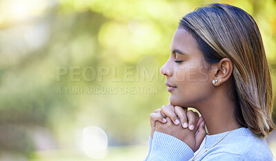 Buy stock photo Prayer, peace and worship with woman in nature and mockup for God, spirituality and religion faith. Relax, calm and reflection with girl praying in park for health, wellness and meditation belief 