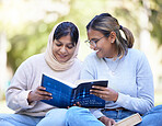 Muslim students, reading or books in park for finance studying, investment education or stock market learning. Smile, happy or Islamic women and school, accounting or financial teamwork for college