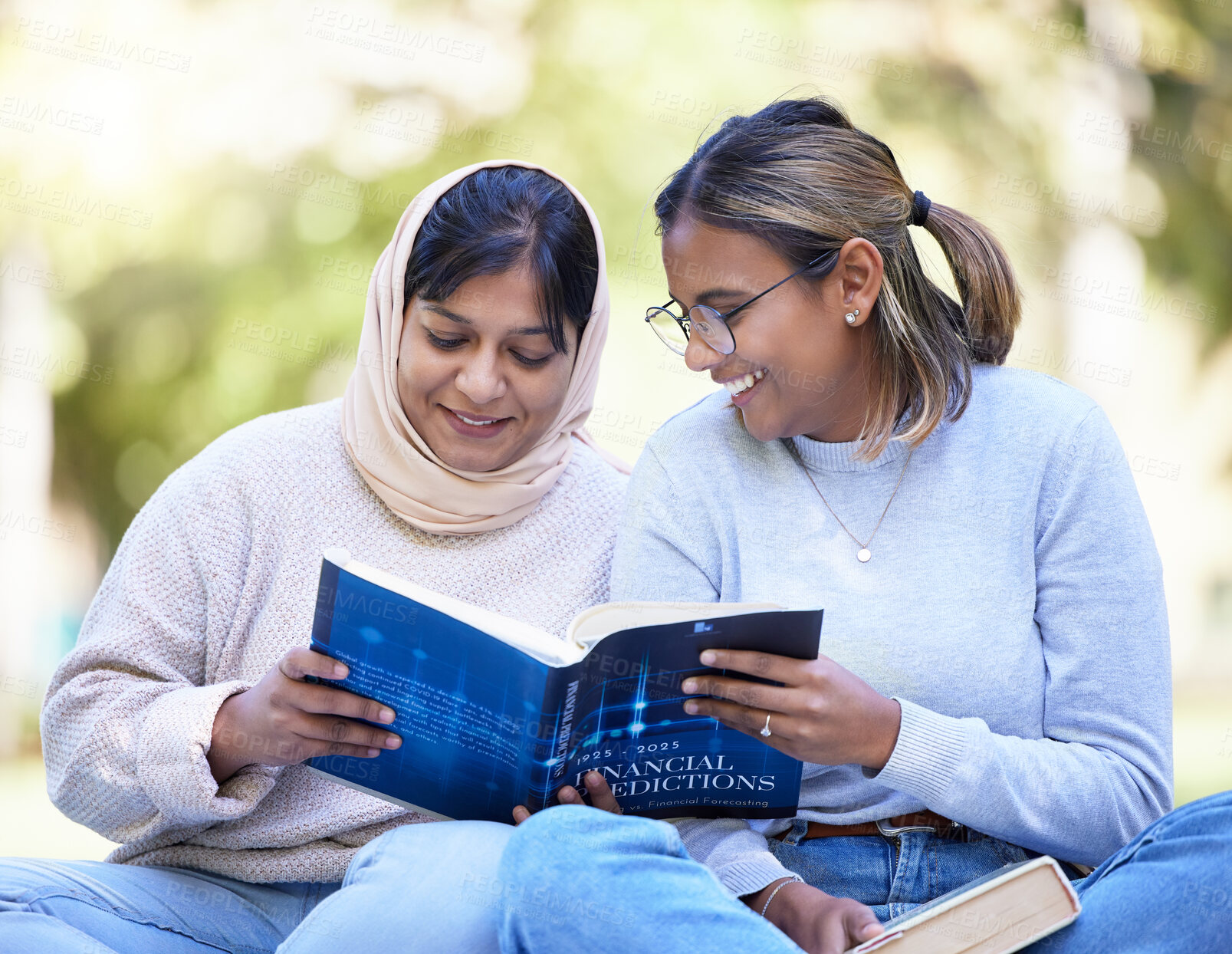 Buy stock photo Muslim students, reading or books in park for finance studying, investment education or stock market learning. Smile, happy or Islamic women and school, accounting or financial teamwork for college