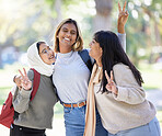 Women, friends or peace sign in nature park, garden or school campus for diversity bonding, comic fun or community play. Smile, happy or Muslim students and cool hands gesture on university college