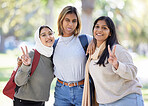 Women, friends or peace sign portrait in park, nature garden or school campus in diversity bonding, comic play or goofy community. Smile, happy or Muslim students and funny face, tongue or silly face