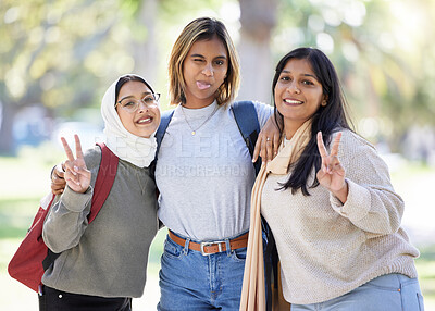 Buy stock photo Women, friends or peace sign portrait in park, nature garden or school campus in diversity bonding, comic play or goofy community. Smile, happy or Muslim students and funny face, tongue or silly face
