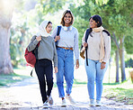 Islamic women, friends or diversity in park, garden or school campus for bonding break, social gathering or community. Smile, happy or Muslim students walking in university college or fashion hijab
