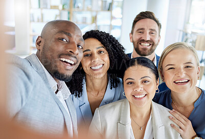 Buy stock photo Happy, smile and selfie with business people in office for teamwork, support and diversity. Solidarity, community and collaboration with portrait of group of friends for picture, positive or workshop