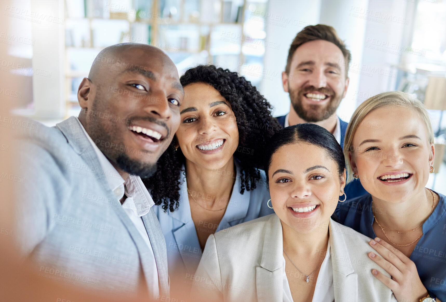 Buy stock photo Happy, smile and selfie with business people in office for teamwork, support and diversity. Solidarity, community and collaboration with portrait of group of friends for picture, positive or workshop