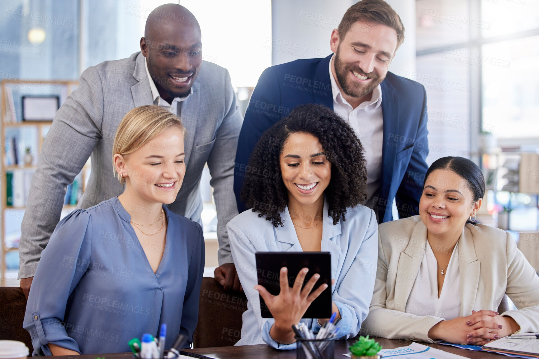 Buy stock photo Business people, tablet and meeting in planning for collaboration, marketing idea or brainstorming strategy at office. Group of creative employees discussing project plan in teamwork for startup