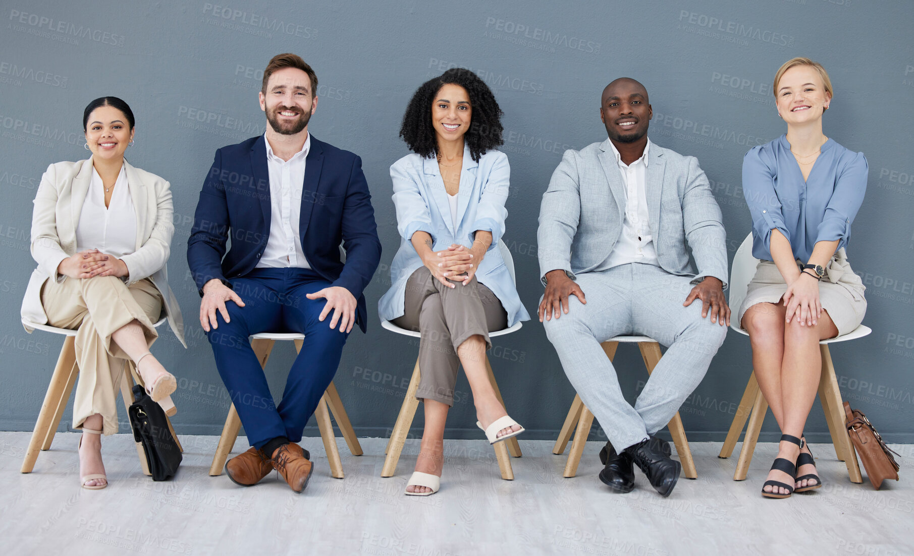 Buy stock photo Business, portrait and people in row waiting for interview, meeting or opportunity together. Smile, diversity group sitting in line for hiring, recruitment or recruiting candidates of human resources