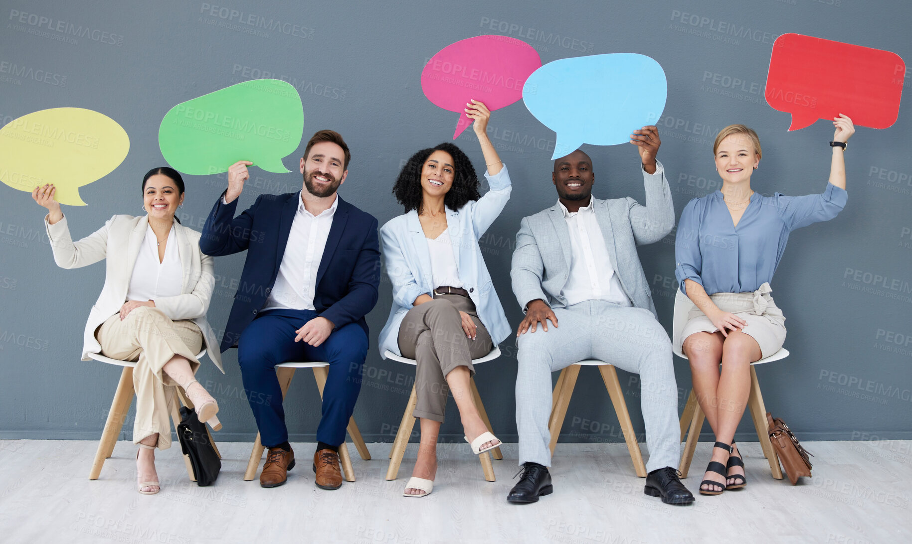 Buy stock photo Diversity, business people and speech bubbles for social media, recruitment and feedback in workplace. Multiracial, happy employees and coworkers with happiness, interview or collaboration for survey