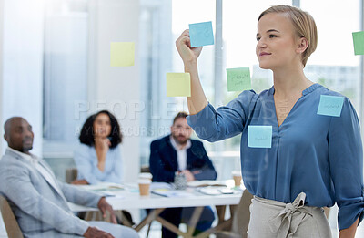 Buy stock photo Writing, presentation and business woman in meeting brainstorming idea, sticky notes and planning in office. Collaboration, leadership and group of people working on project, thinking and strategy