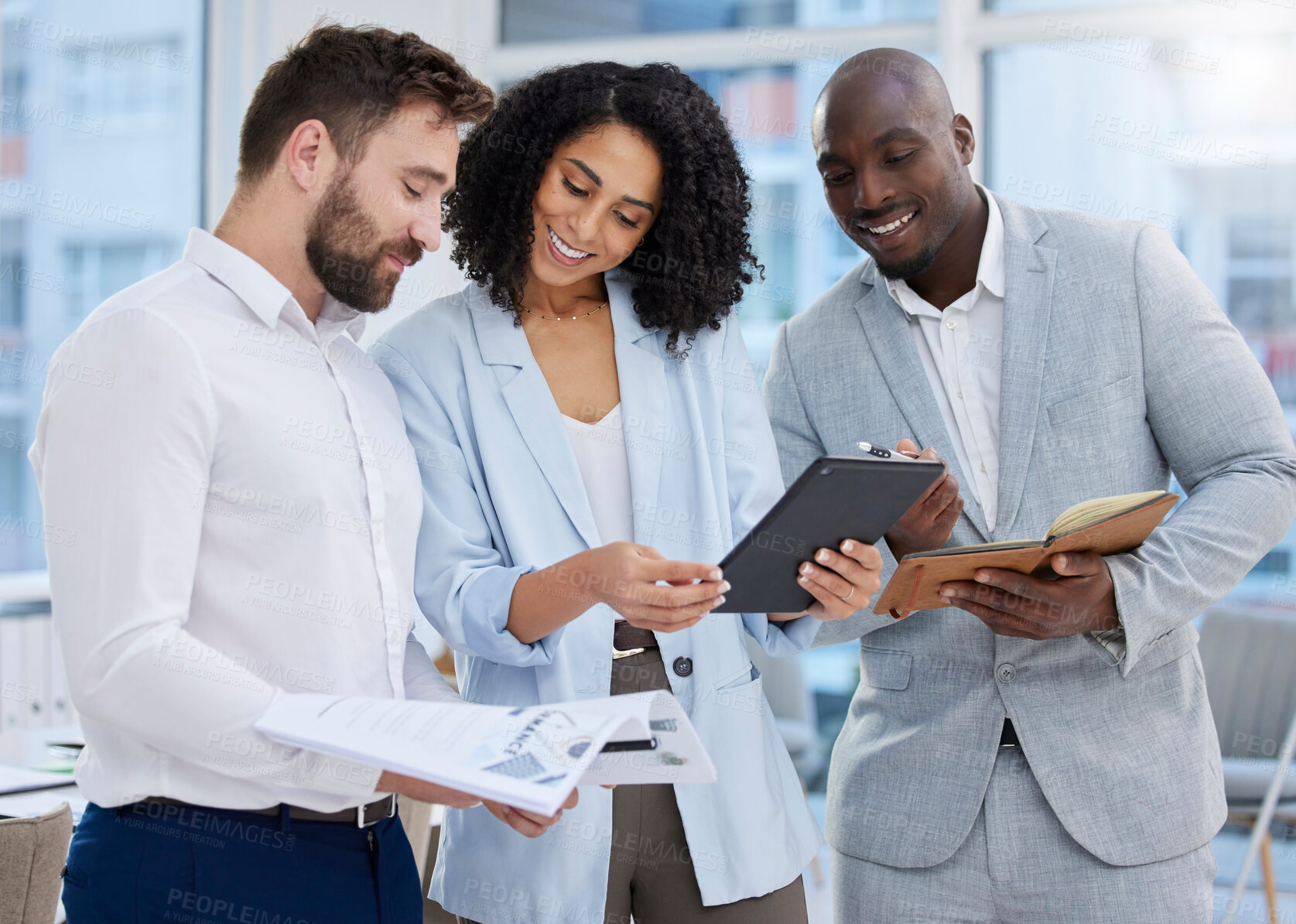 Buy stock photo Planning, strategy and business people with a tablet for a schedule, information and inspiration. Teamwork diversity, together and employees with ideas while reading a report for project management