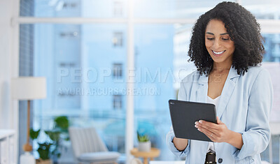 Buy stock photo Happy, search and tablet with black woman in office for networking, communication and social media. Technology, internet and digital with employee reading online for news, planning and email report