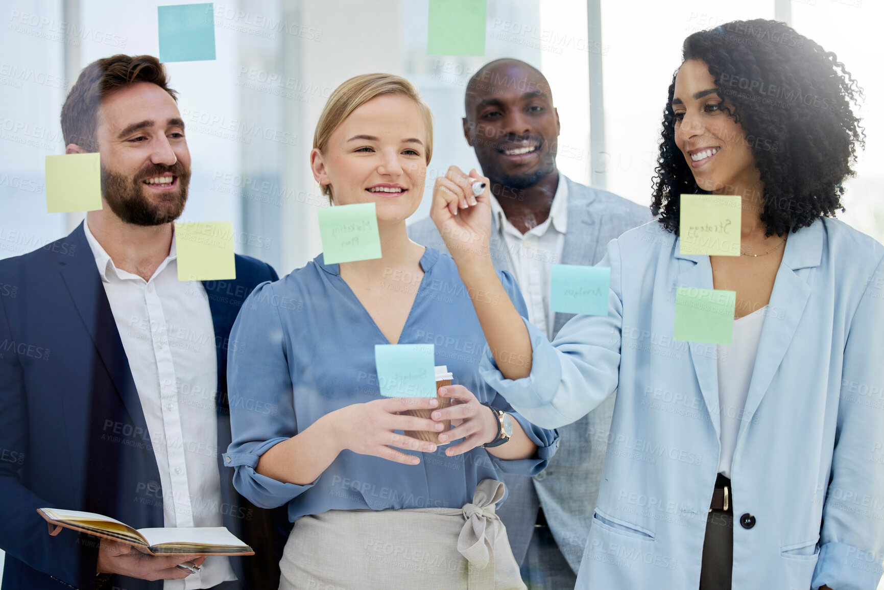 Buy stock photo Planning, brainstorming and business people in meeting with idea, sticky notes and thinking in glass office. Collaboration, diversity and group of workers working on project, sale growth and strategy