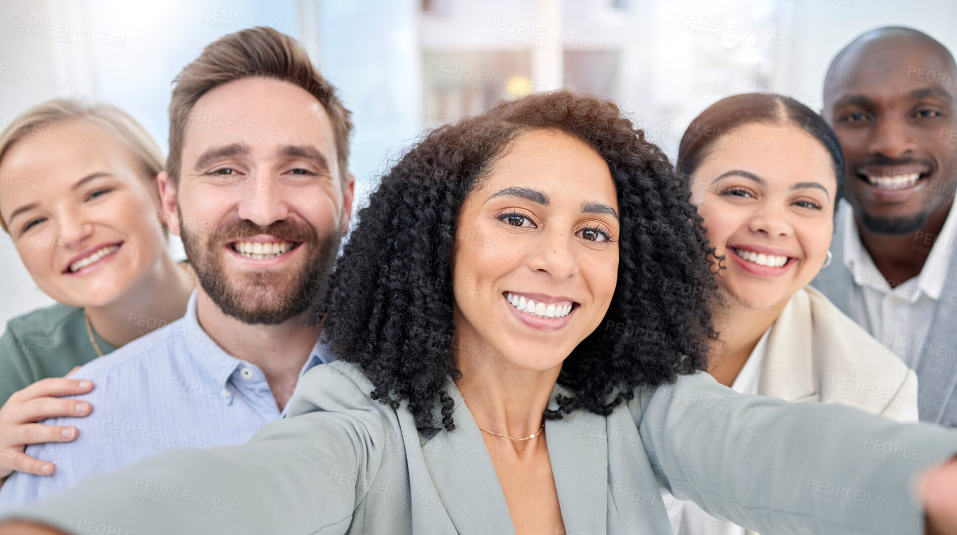 Buy stock photo Business, diversity and staff in office, selfie and success for startup, teamwork and profit growth. Portrait, group and team with smile, collaboration or employees with partnership or corporate deal