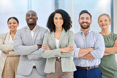 Buy stock photo Teamwork, portrait and diversity of office team happy about collaboration and management. We are hiring, about us and our vision working group standing proud with a smile and corporate success