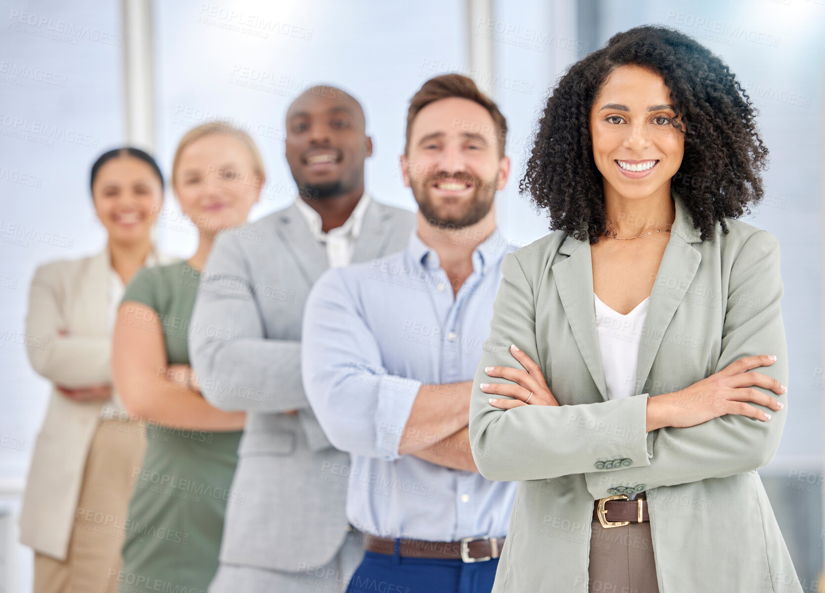 Buy stock photo Teamwork, black woman portrait and diversity of office team happy about collaboration and management. We are hiring, about us and our vision working group proud with a smile and corporate success